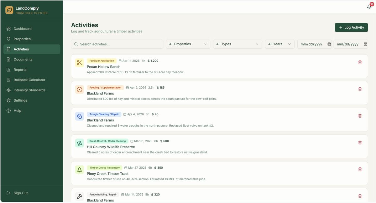 LandComply activity log showing agricultural entries with dates and costs