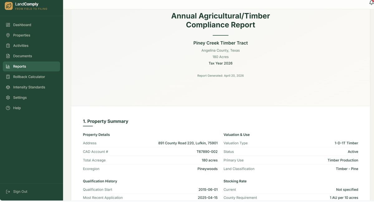 LandComply annual compliance report for a timber property