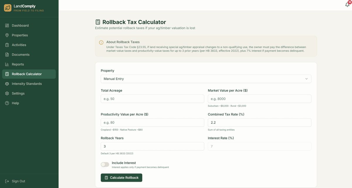 LandComply rollback tax calculator showing acreage, values, and estimated rollback